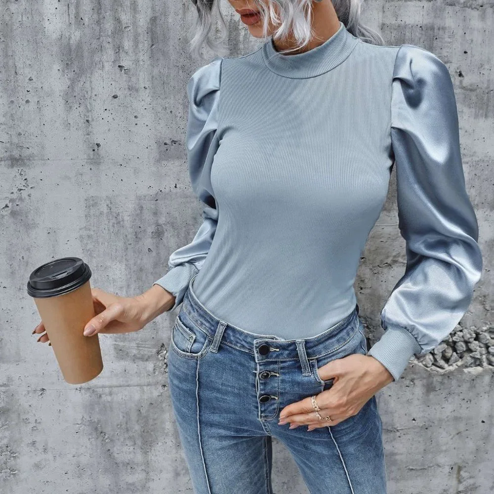 Modern Girl Blue Blouse top with Satin Sleeve - Picture 2 of 4